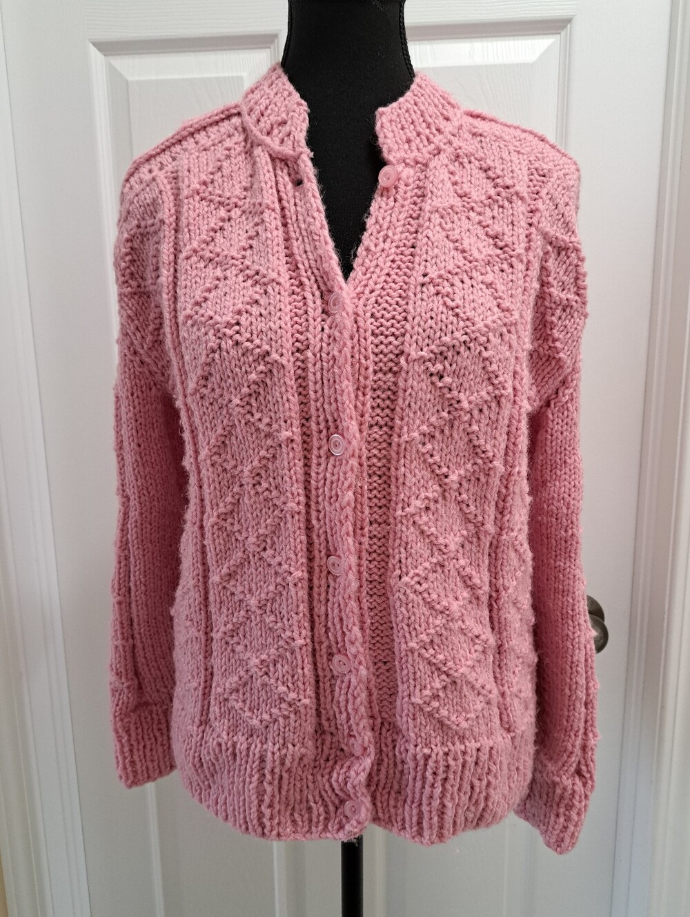 VTG Handmade Pink Marl Cable Knit Cardigan Sweater Mock Neck Medium